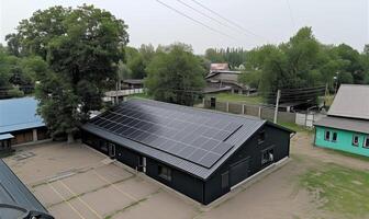 AI generated Solar panels installed on the roof of a residential building in the village photo