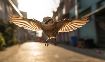 ai generado un pájaro volador a lo largo un urbano calle, iluminado por calentar luz de sol foto