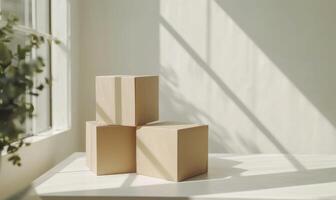 AI generated Set of cardboard boxes on a white table. Mockup. Delivery concept background. photo