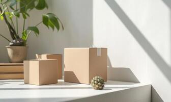 AI generated Set of cardboard boxes on a white table. Mockup. Delivery concept background. photo