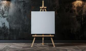 AI generated Blank canvas hanging on a wooden easel standing against gray wall in a room with plants photo
