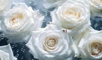 AI generated Beautiful white roses reflected in pure water, floral background, close up photo