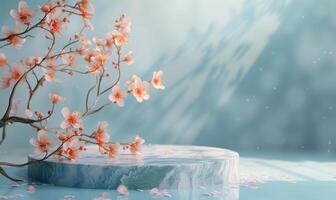 AI generated white marble podium with cherry blossom branch on blue background photo