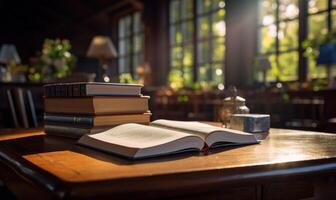 ai generado abierto libro en un de madera mesa en un biblioteca. selectivo enfocar. foto