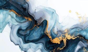AI generated Blue and gold ink in water on white background. Ink in water. photo