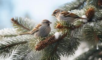 AI generated sparrows sitting on the spruce branch photo