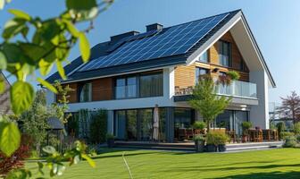 AI generated Modern house with solar panels installed on the roof. Modern house with solar panels installed on the roof. photo