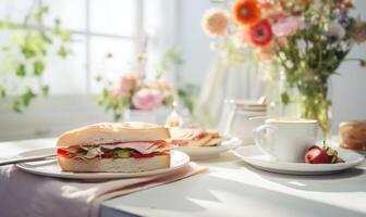 AI generated Breakfast with sandwiches and juice on the table in the morning. photo
