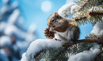 AI generated Squirrel eating a pine cone on a snowy branch with its fluffy tail photo