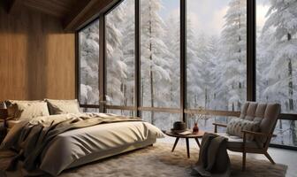 AI generated Cozy living room interior in winter with a large window overlooking the forest. photo