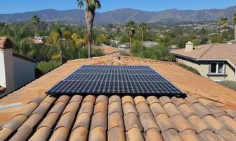 ai generado solar paneles instalado en el techo de un residencial edificio en el ciudad. foto