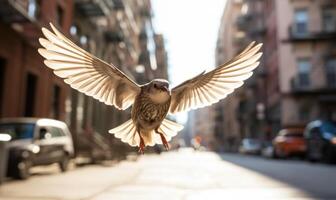 AI generated A sparrow flies in the air on a background of buildings. photo