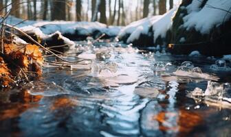 AI generated Stream in the forest. Beautiful early spring landscape with a river and stones. photo