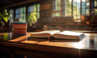 AI generated Open book on a wooden table in a library. Selective focus. photo