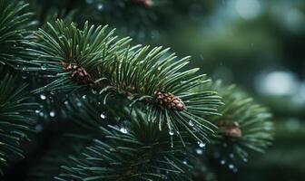 AI generated Pine branches with dew drops close-up. Nature background photo