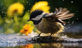 AI generated Great tit Parus major in a puddle after the rain photo