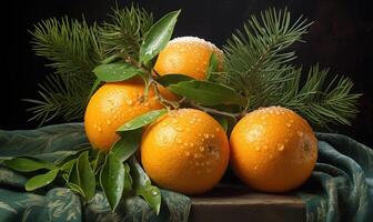 AI generated Christmas still life with tangerines and fir branches on dark background photo