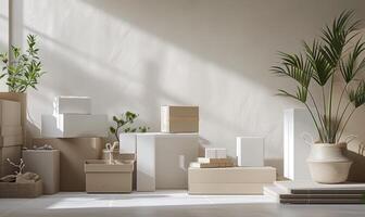 AI generated Stack of cardboard boxes in white room with sunlight. Space for text. Box mockup on white photo