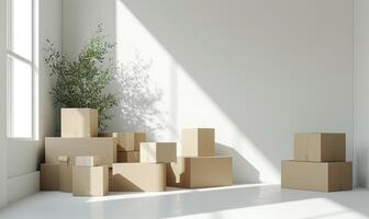 AI generated Moving boxes in empty room with green plants. Space for text. Box mockup on white photo