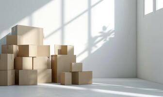 AI generated Stack of cardboard boxes in white room with sunlight. Space for text. Box mockup on white photo