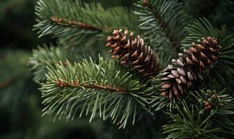 AI generated Spruce branches with cones and red berries. Blurred background. photo