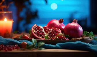 AI generated Ripe pomegranate fruit with green leaves and burning candle photo