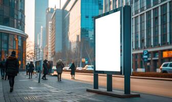 AI generated Blank street billboard on city street. Mock up of vertical advertising stand in the street photo