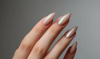 AI generated Female hand with beige nail design. Nail polish manicure. photo