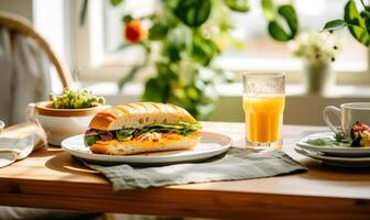AI generated Sandwich with cheese, salad and orange juice on a wooden table photo