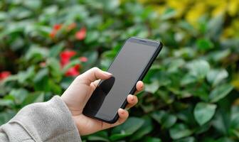 AI generated Female hand holding smart phone with blank screen and green leaves background. photo