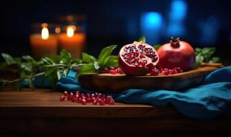 AI generated Ripe pomegranate fruits on wooden table in dark room photo