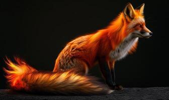 AI generated Fiery fox on a black background. Fire in the dark. Fantasy animal, fire element. photo