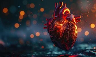 AI generated Human heart close-up. Human heart on a dark background with bokeh. photo