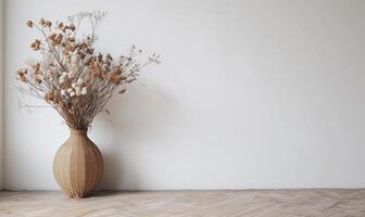 AI generated Bouquet of dried flowers in wicker vase on white wall background photo