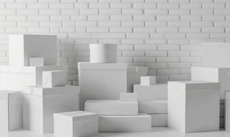 AI generated Stack of cardboard boxes in white room with sunlight. Space for text. Box mockup on white photo