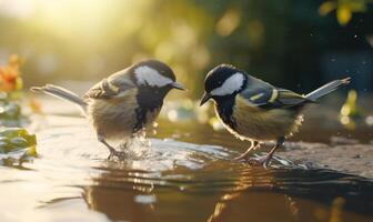 ai generado genial teta, parus importante, soltero pájaro en agua, Warwickshire foto