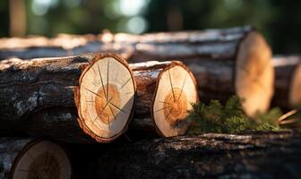 AI generated Pile of cut tree trunks in forest, closeup view photo