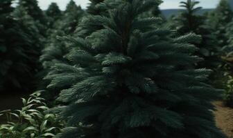 AI generated Pine trees in the garden. Shallow depth of field. photo