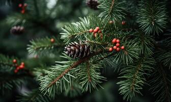 AI generated Spruce branches with cones and red berries. Blurred background. photo