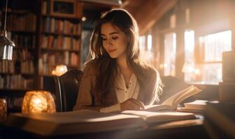 AI generated beautiful young woman indoors in library reading book. photo