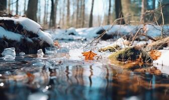 AI generated Stream in the forest. Beautiful early spring landscape with a river and stones. photo