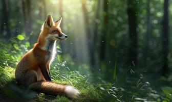 AI generated Red fox sitting on the grass in the forest photo