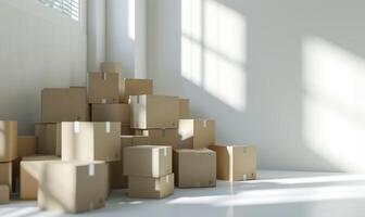 AI generated Stack of cardboard boxes in white room with sunlight. Space for text. Box mockup on white photo