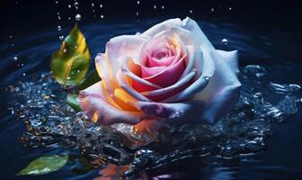 AI generated Beautiful white and pink rose with water drops on dark blue background photo