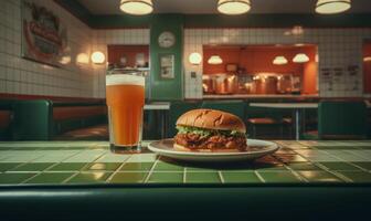 ai generado carne de vaca hamburguesa con francés papas fritas y un vaso de cerveza en un pub foto