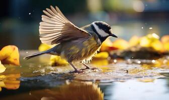 ai generado genial teta parus mayor en un charco después el lluvia foto