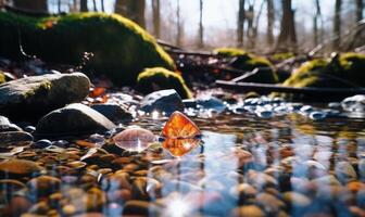 AI generated Frozen water in the forest with ice cubes and pebbles. Early spring landscape photo