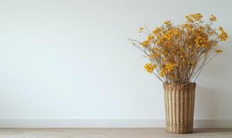 ai generado seco flores en florero en de madera piso y blanco pared antecedentes foto