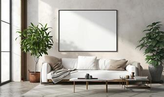 AI generated Living room interior with white sofa, coffee table, coffee table and horizontal mock up poster frame. photo