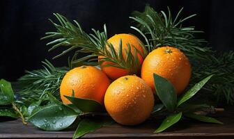 AI generated Christmas still life with tangerines and fir branches on dark background photo